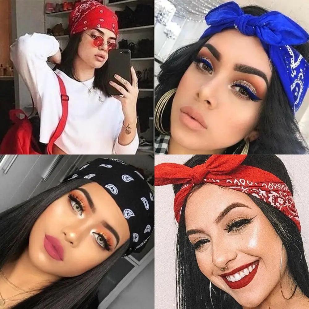 Vintage Style Print Bandana Hair Bands for Girls Women Headband Square Scarf Face Mask Cross Turban Bandanas Headwear Stevvex