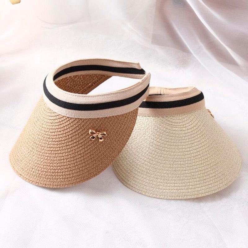 Vintage Women's Sun Hats Handmade Straw Visor Caps Fashionable Adult Sun Beach Top Hats Cute Bowknot Design Fashion Summer Women's Casual Caps Straw Hats Parent-Child Summer Hat Empty Top Beach Hat Stevvex