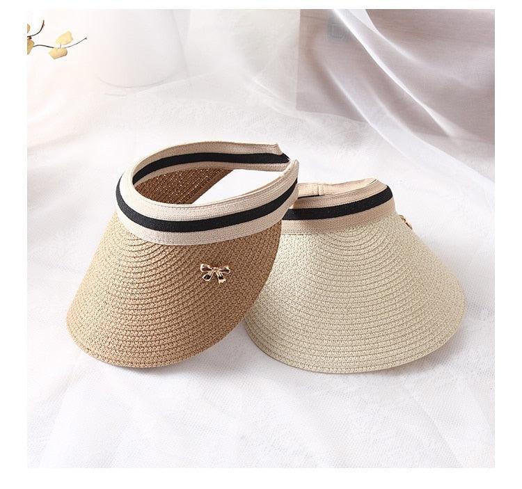 Vintage Women's Sun Hats Handmade Straw Visor Caps Fashionable Adult Sun Beach Top Hats Cute Bowknot Design Fashion Summer Women's Casual Caps Straw Hats Parent-Child Summer Hat Empty Top Beach Hat Stevvex