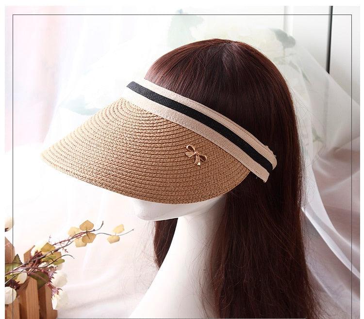 Vintage Women's Sun Hats Handmade Straw Visor Caps Fashionable Adult Sun Beach Top Hats Cute Bowknot Design Fashion Summer Women's Casual Caps Straw Hats Parent-Child Summer Hat Empty Top Beach Hat Stevvex