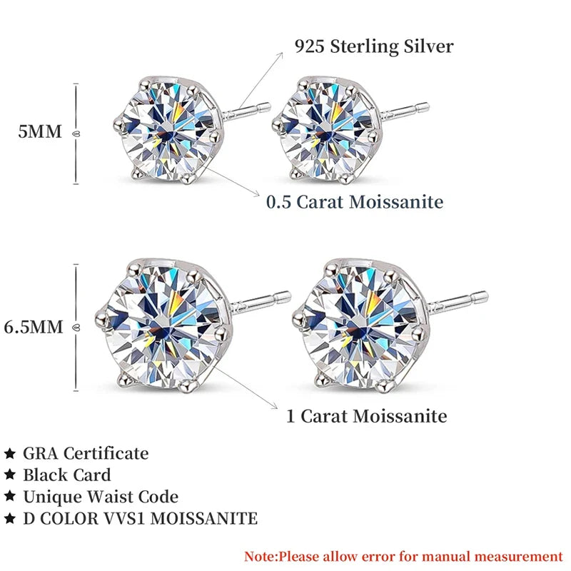 VVS D Color Russian Cut Moissanite Stud Earrings 1/2/4 CT S925 Sterling Silver BandsCo Straps