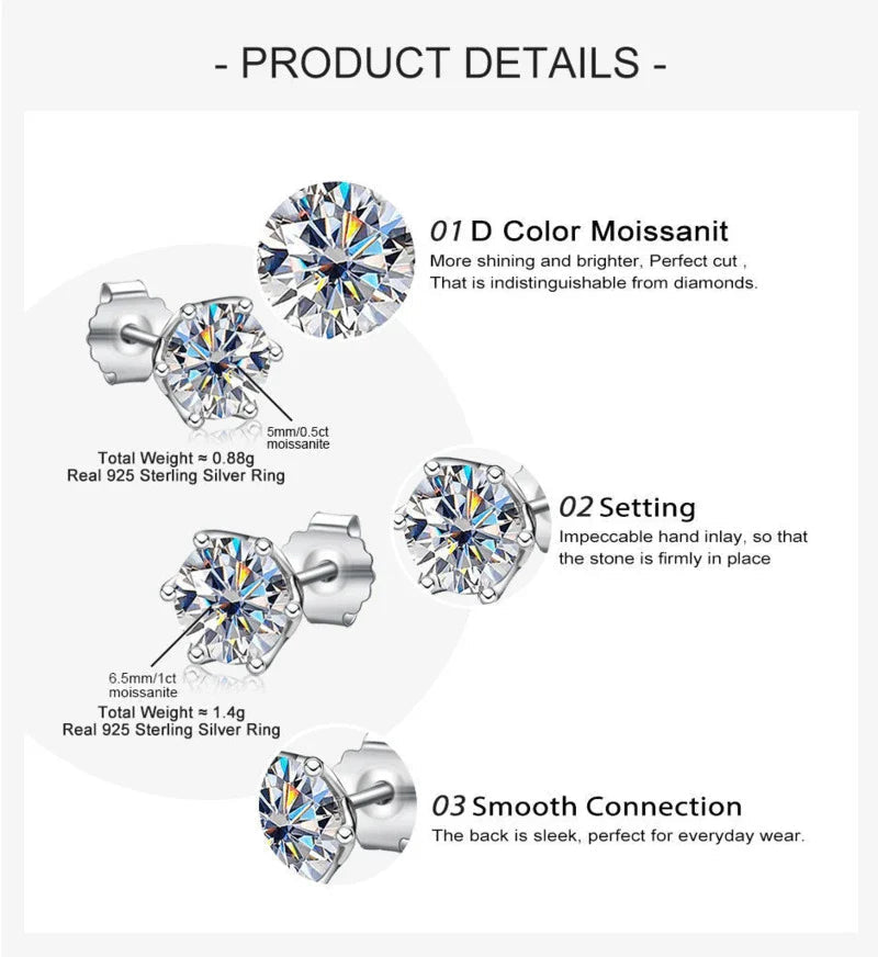 VVS D Color Russian Cut Moissanite Stud Earrings 1/2/4 CT S925 Sterling Silver BandsCo Straps
