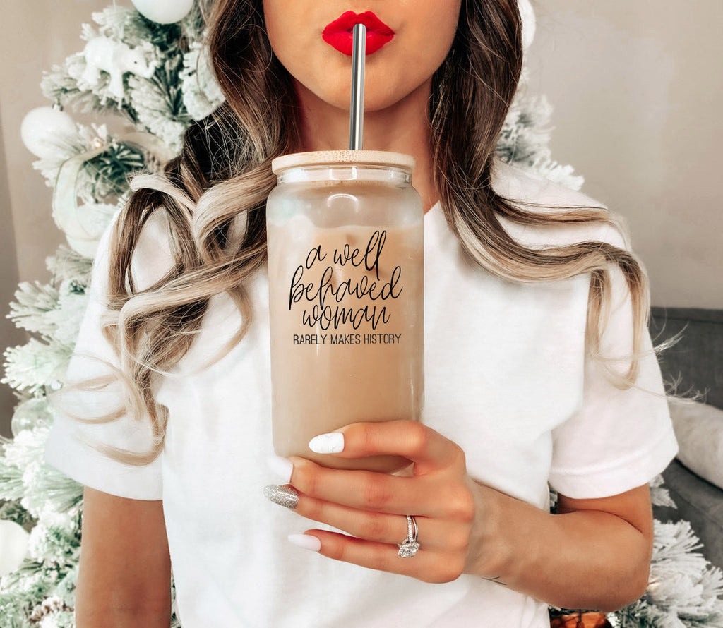 Well Behaved 17oz Glass Tumbler With Bamboo Lid, Stainless Straws and Cleaner BandsCo Straps