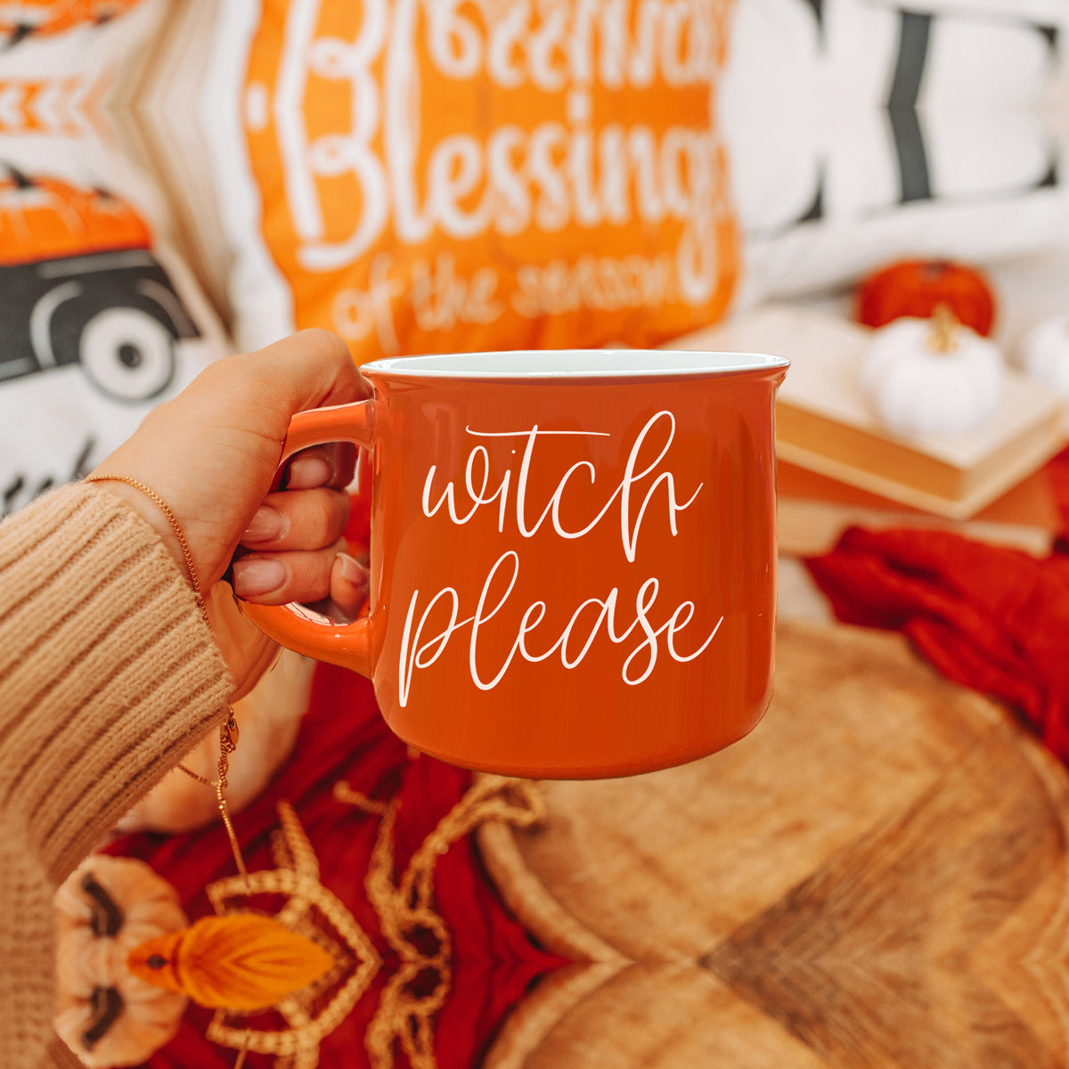 Witch Please Orange Ceramic Campfire Mug 14.5oz Double-Sided White Lettering BandsCo Straps
