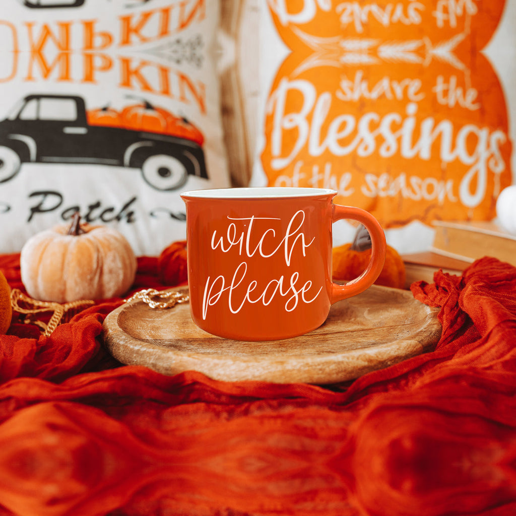Witch Please Orange Ceramic Campfire Mug 14.5oz Double-Sided White Lettering BandsCo Straps