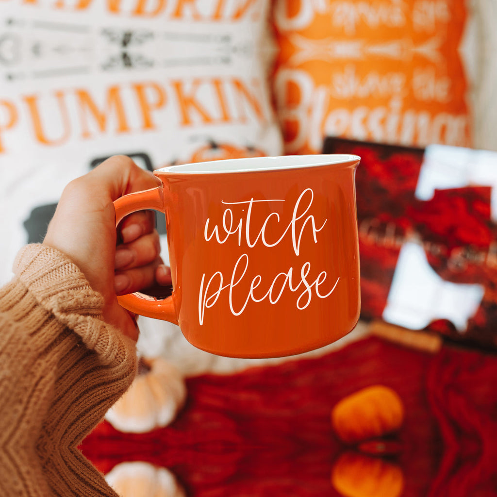 Witch Please Orange Ceramic Campfire Mug 14.5oz Double-Sided White Lettering BandsCo Straps