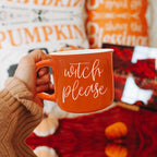 Witch Please Orange Ceramic Campfire Mug 14.5oz Double-Sided White Lettering BandsCo Straps