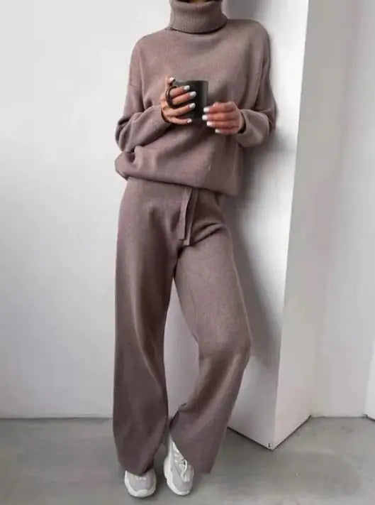 Casual Fashion Suits For Women Turtleneck Sweater And Drawstring Straight Pants Pi-Mart