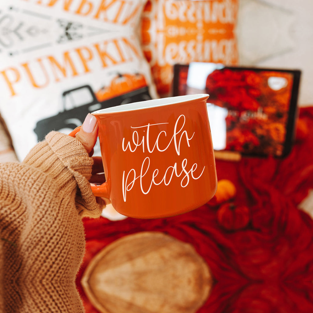 Witch Please Orange Ceramic Campfire Mug 14.5oz Double-Sided White Lettering BandsCo Straps