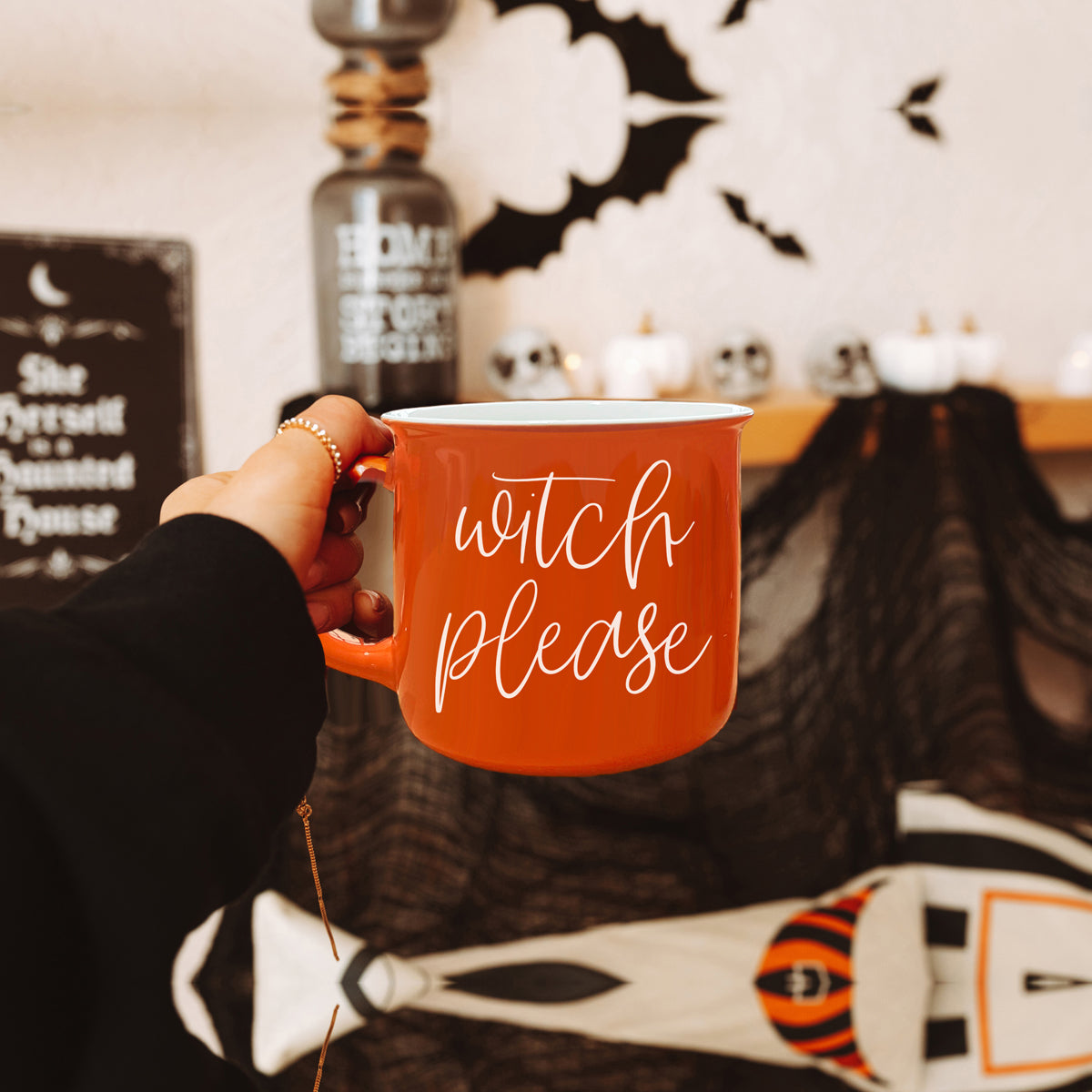 Witch Please Orange Ceramic Campfire Mug 14.5oz Double-Sided White Lettering BandsCo Straps