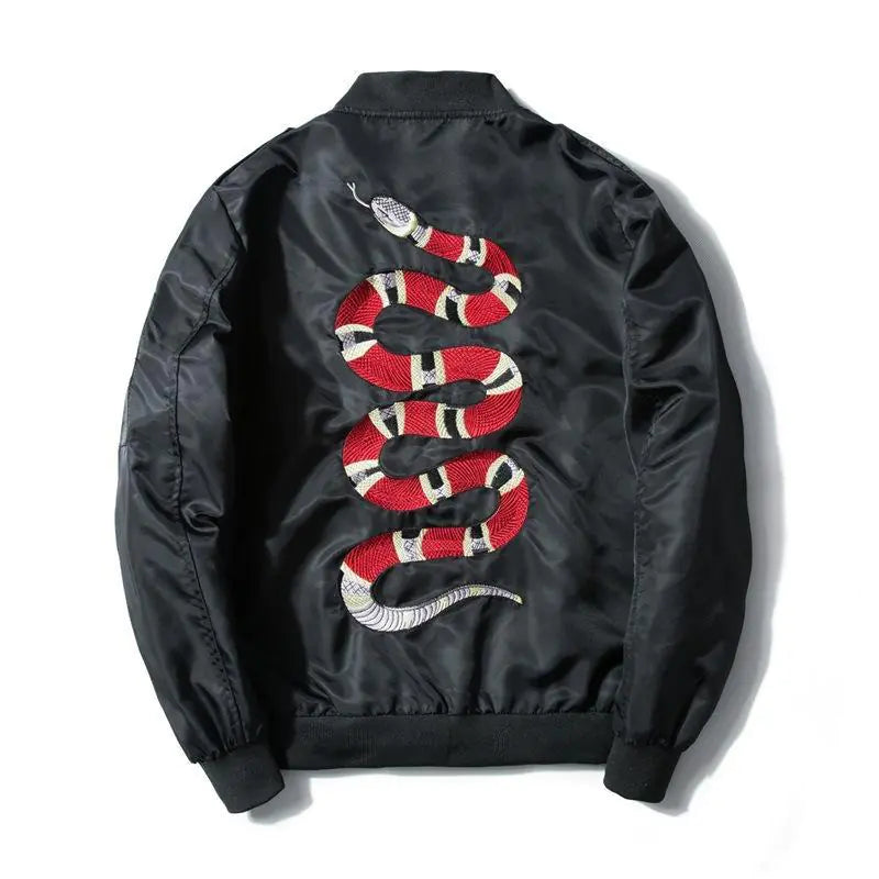 Embroidered Jacket, Coral Flower Snake Baseball Jacket Pi-Mart