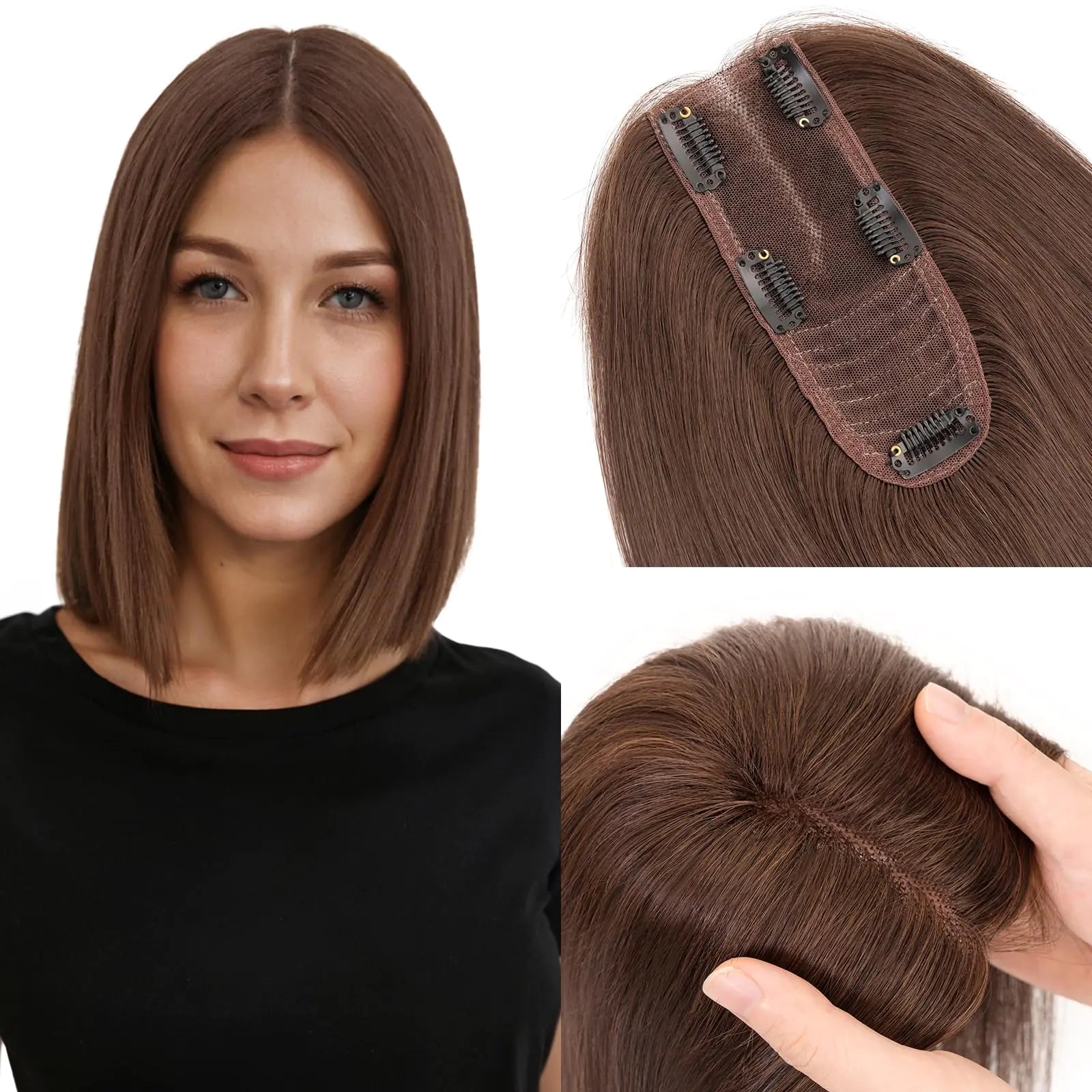Hairro 100% Human Hair Topper Clip in Hair Hairpieces for Women 2.25"x6" Silk Base for Thinning Hair/Hair Loss/Covering Greyish Hair/Adding Hair Volume 10 Inch Dark brown Pi-Mart