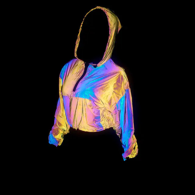 Women's Colorful Reflective Hooded Jacket Crop Top Pi-Mart