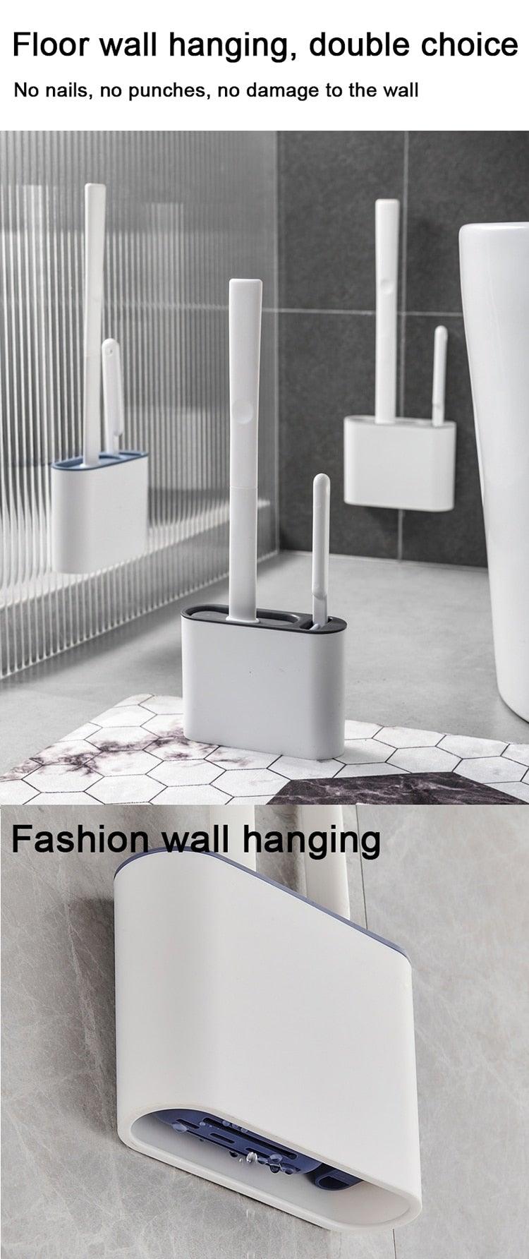 Wall Hanging Toilet Brush with Holder Set Silicone Bristles For Floor Bathroom Cleaning Toilet Brush And Holder Set Wall-Hanging Landing Toilet Bowl Brush Household Hotel Cleaner With Small Brush For Bathroom Stevvex