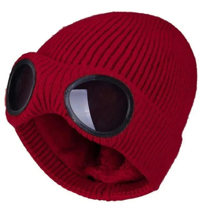 Warm Classic Unisex Wool Knitted Goggles Beanie Comfortable Winter Stylish Hat Outdoor Sports Cap For Men Women New Fashion Multi Function Caps Stevvex