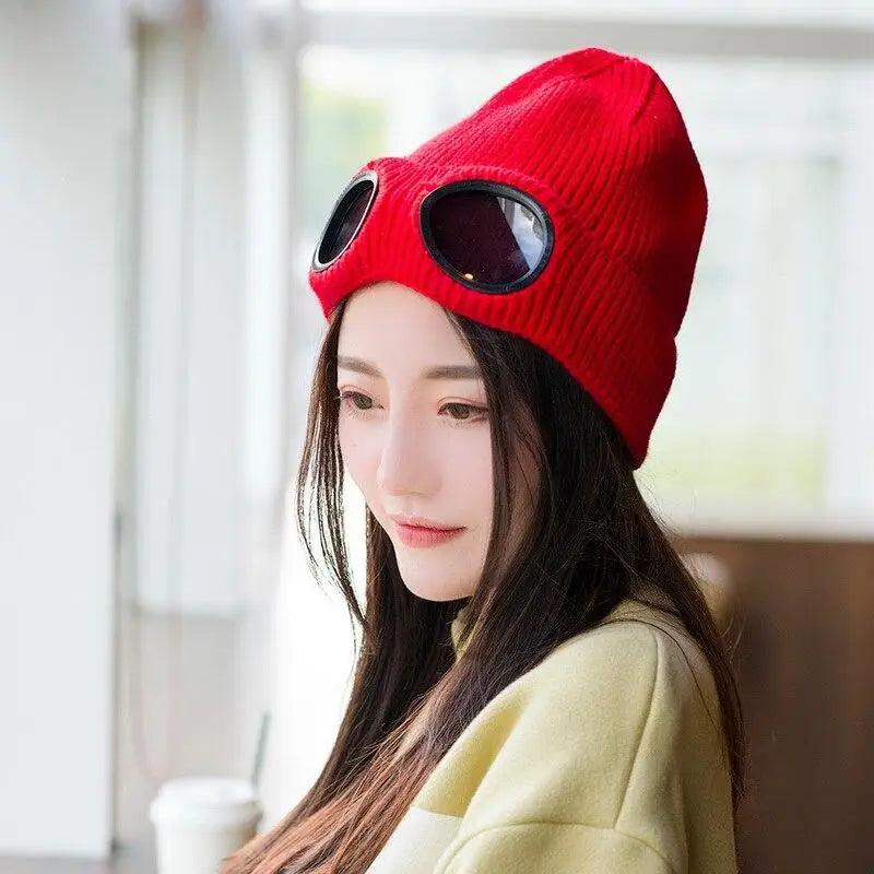 Warm Classic Unisex Wool Knitted Goggles Beanie Comfortable Winter Stylish Hat Outdoor Sports Cap For Men Women New Fashion Multi Function Caps Stevvex
