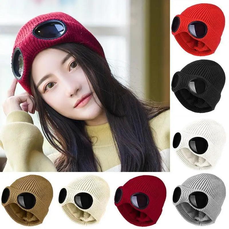 Warm Classic Unisex Wool Knitted Goggles Beanie Comfortable Winter Stylish Hat Outdoor Sports Cap For Men Women New Fashion Multi Function Caps Stevvex