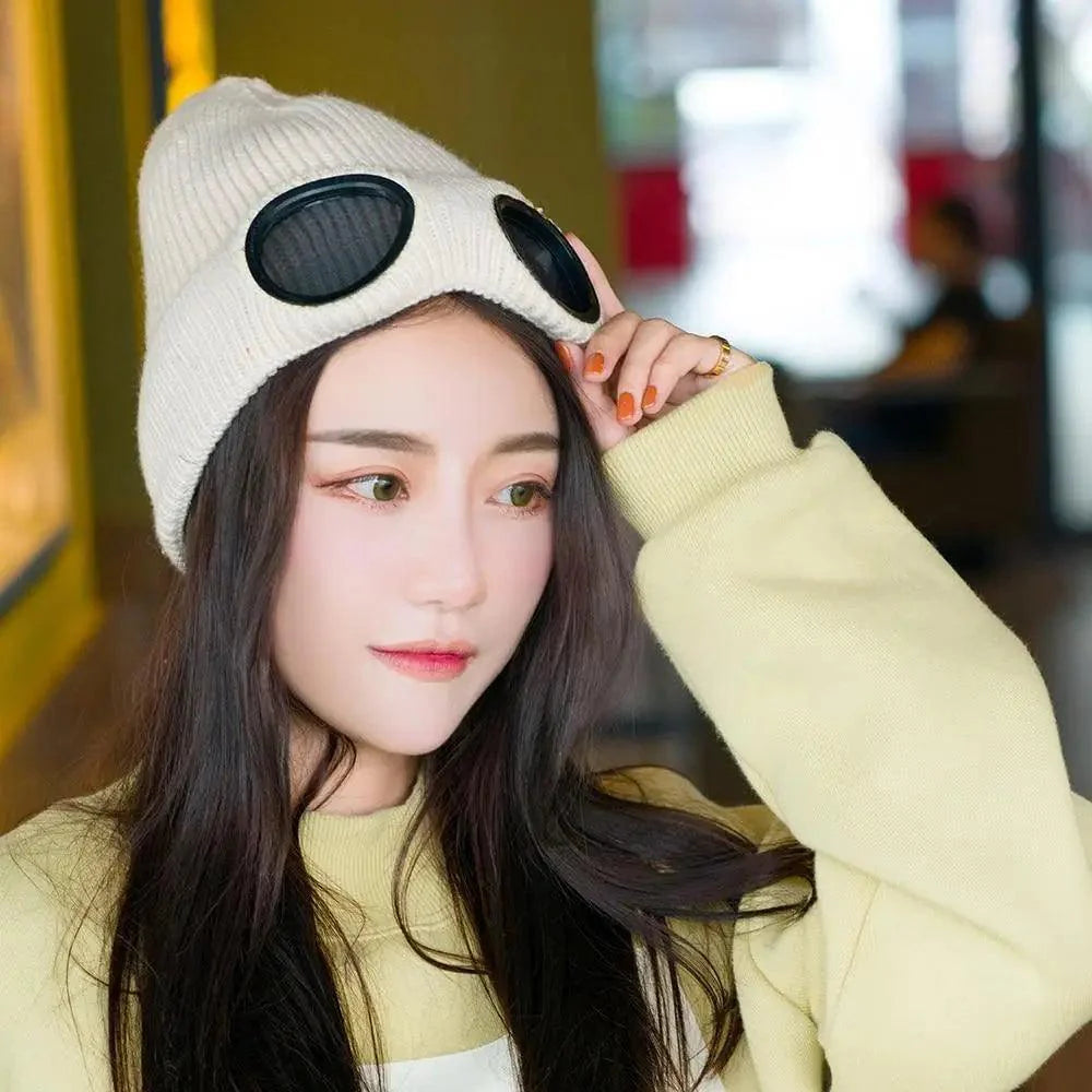 Warm Classic Unisex Wool Knitted Goggles Beanie Comfortable Winter Stylish Hat Outdoor Sports Cap For Men Women New Fashion Multi Function Caps Stevvex
