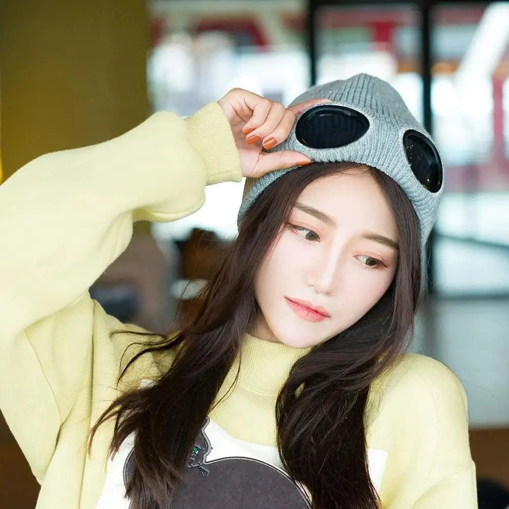 Warm Classic Unisex Wool Knitted Goggles Beanie Comfortable Winter Stylish Hat Outdoor Sports Cap For Men Women New Fashion Multi Function Caps Stevvex