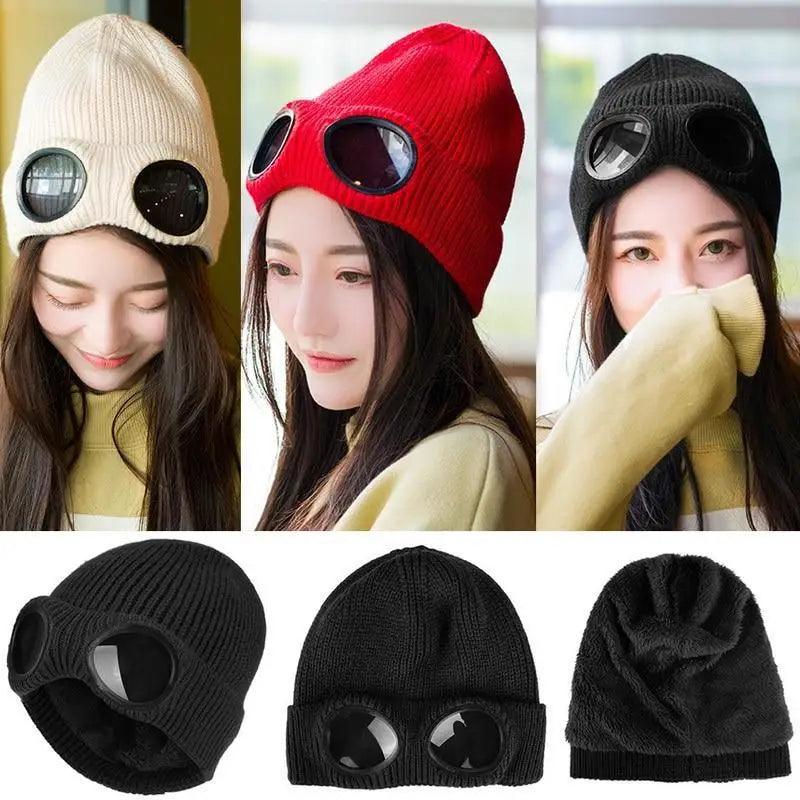 Warm Classic Unisex Wool Knitted Goggles Beanie Comfortable Winter Stylish Hat Outdoor Sports Cap For Men Women New Fashion Multi Function Caps Stevvex