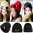Warm Classic Unisex Wool Knitted Goggles Beanie Comfortable Winter Stylish Hat Outdoor Sports Cap For Men Women New Fashion Multi Function Caps Stevvex