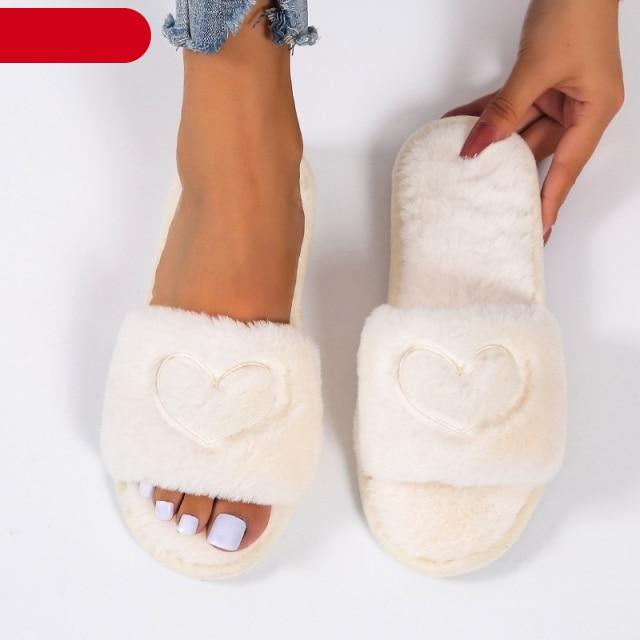 Warm Fluffy Slippers Women Faux Fur Slipper Indoor Floor Slides Flat Soft Furry House Shoes Heart Shape Flip Flops Faux Fur Memory Foam Cozy Flat Spa Slide Slippers Comfy Open Toe Design Stevvex