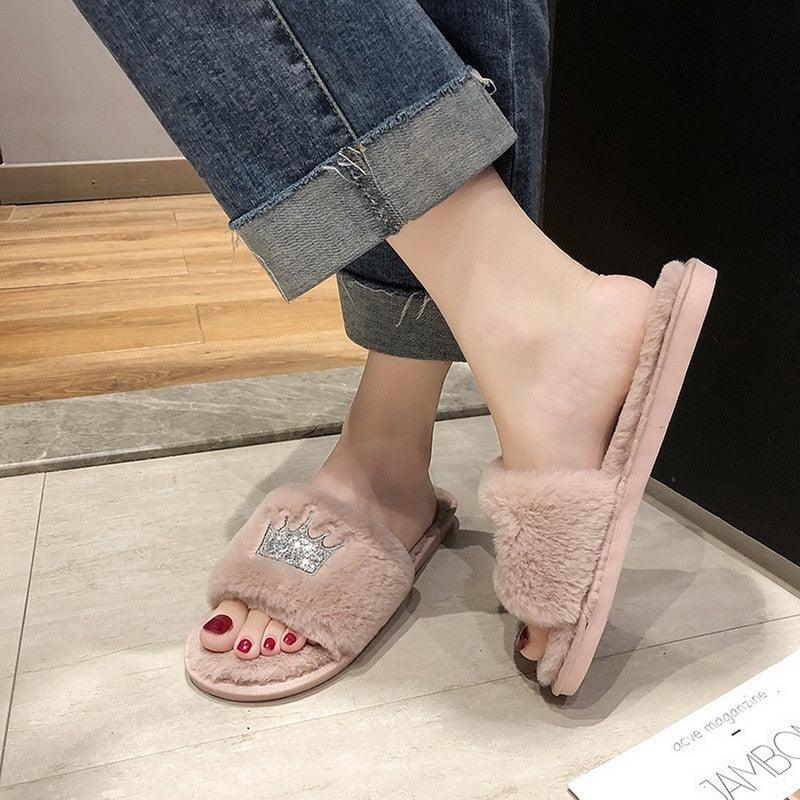 Warm Fluffy Slippers Women Faux Fur Slipper Indoor Floor Slides Flat Soft Furry House Shoes Heart Shape Flip Flops Faux Fur Memory Foam Cozy Flat Spa Slide Slippers Comfy Open Toe Design Stevvex
