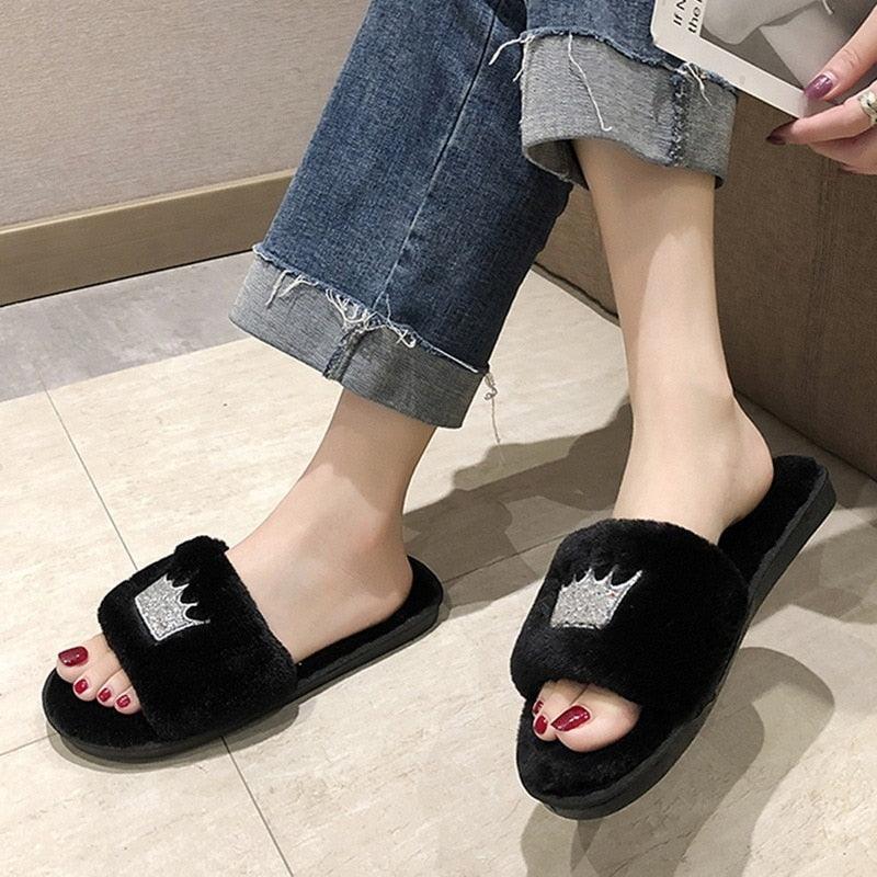 Warm Fluffy Slippers Women Faux Fur Slipper Indoor Floor Slides Flat Soft Furry House Warm Comfortable Fuzzy Furry Bedroom Slippers Indoor Cozy Memory Foam Anti-Slip Flip Flops Stevvex