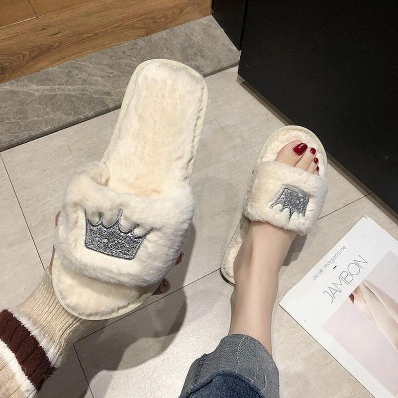Warm Fluffy Slippers Women Faux Fur Slipper Indoor Floor Slides Flat Soft Furry House Warm Comfortable Fuzzy Furry Bedroom Slippers Indoor Cozy Memory Foam Anti-Slip Flip Flops Stevvex