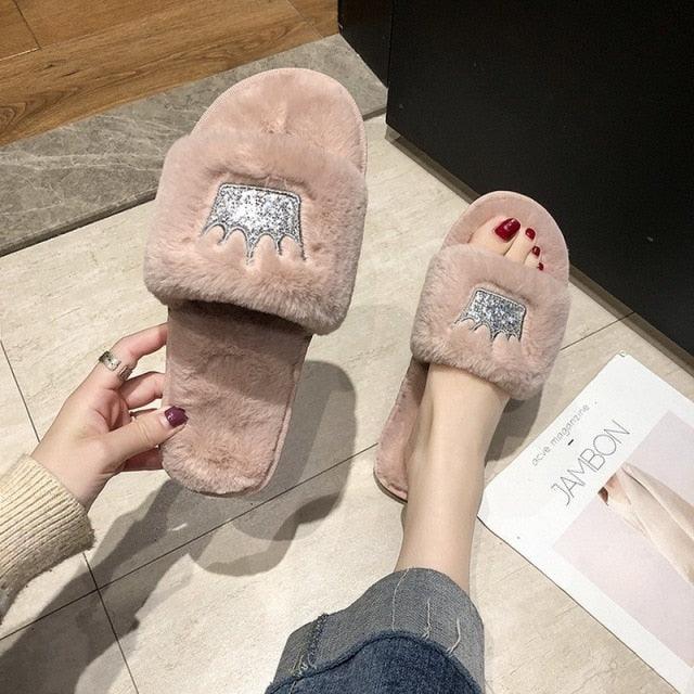 Warm Fluffy Slippers Women Faux Fur Slipper Indoor Floor Slides Flat Soft Furry House Warm Comfortable Fuzzy Furry Bedroom Slippers Indoor Cozy Memory Foam Anti-Slip Flip Flops Stevvex