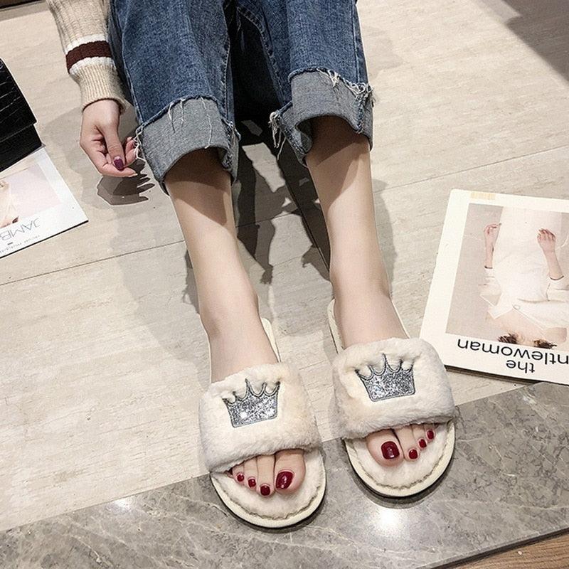 Warm Fluffy Slippers Women Faux Fur Slipper Indoor Floor Slides Flat Soft Furry House Warm Comfortable Fuzzy Furry Bedroom Slippers Indoor Cozy Memory Foam Anti-Slip Flip Flops Stevvex