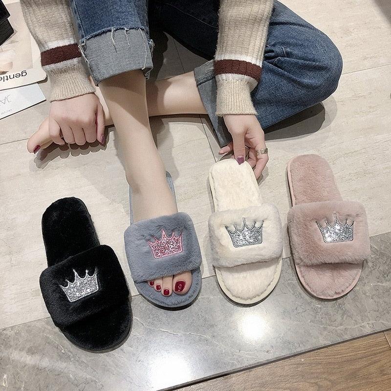 Warm Fluffy Slippers Women Faux Fur Slipper Indoor Floor Slides Flat Soft Furry House Warm Comfortable Fuzzy Furry Bedroom Slippers Indoor Cozy Memory Foam Anti-Slip Flip Flops Stevvex