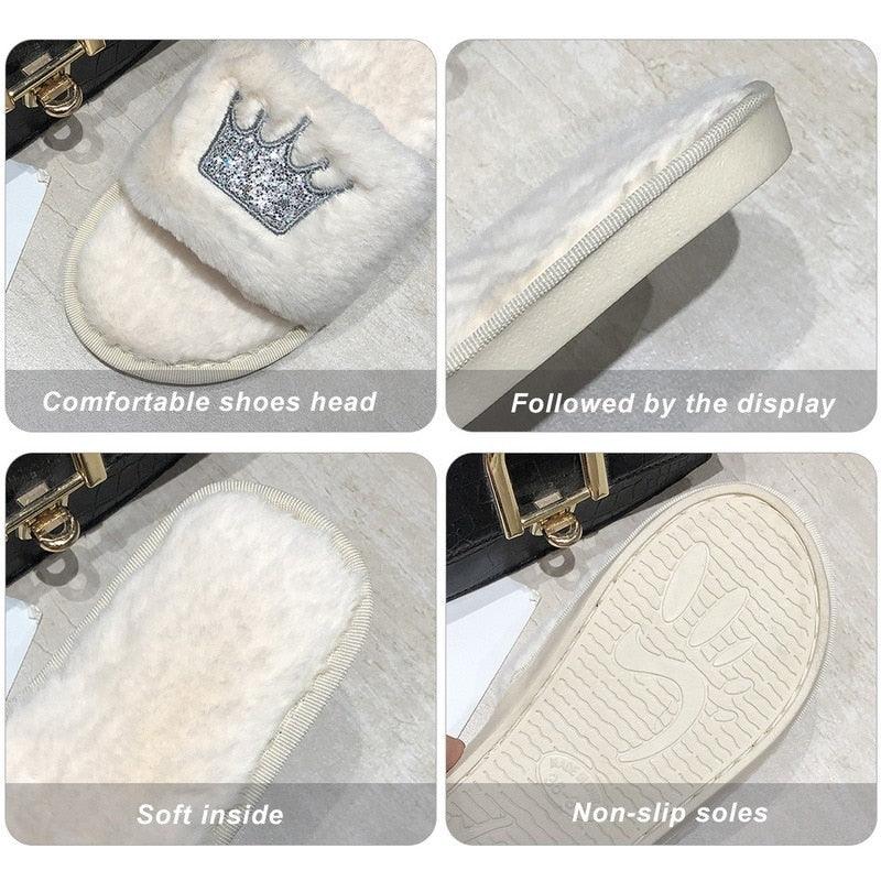 Warm Fluffy Slippers Women Faux Fur Slipper Indoor Floor Slides Flat Soft Furry House Warm Comfortable Fuzzy Furry Bedroom Slippers Indoor Cozy Memory Foam Anti-Slip Flip Flops Stevvex