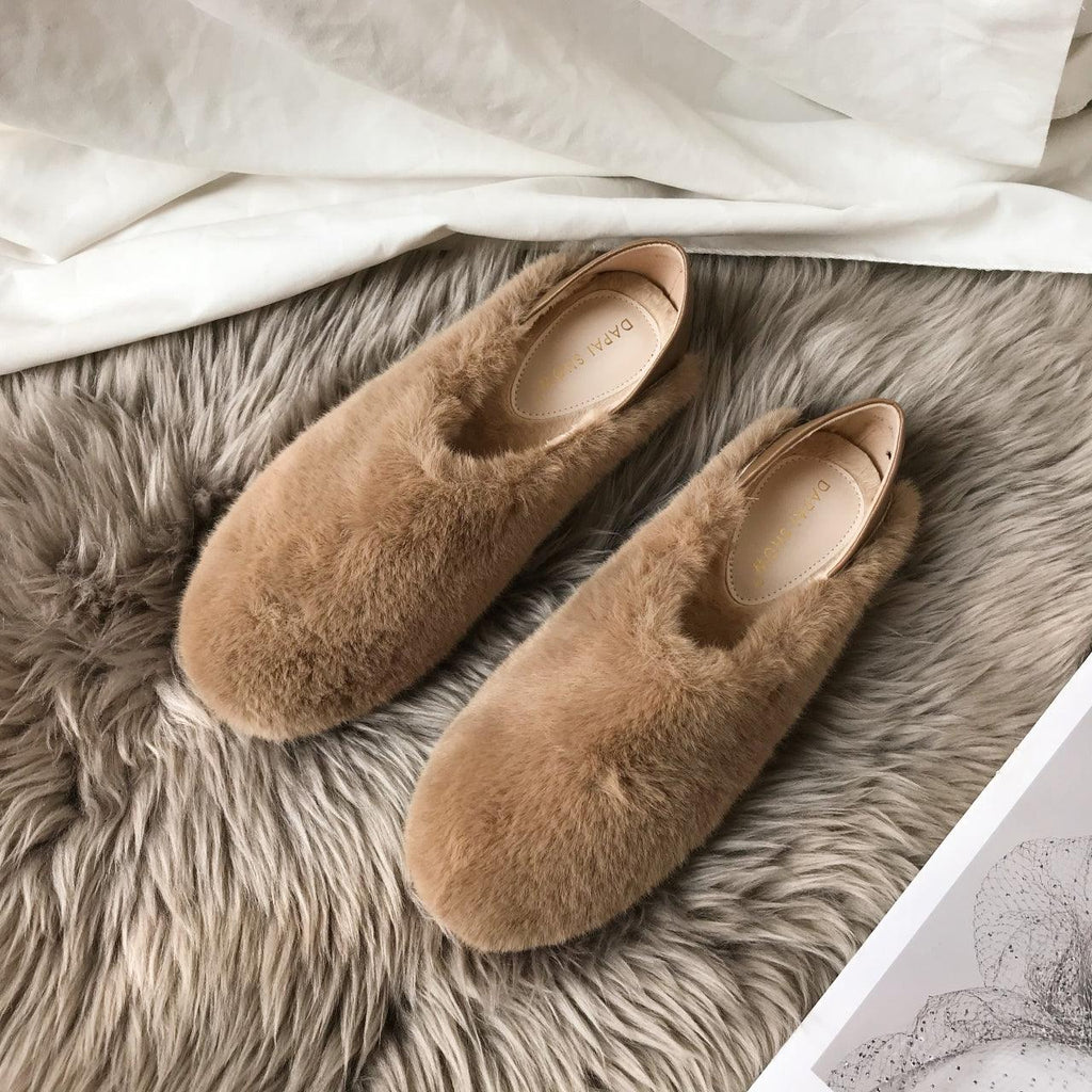 Warm Fur Loafers Women Winter Shoes Indoor Furry Flats Round Toe Fluffy House Warm Wool Slippers Memory Foam Anti-Skid Sole House Shoes Indoor Outdoor Slippers Stevvex