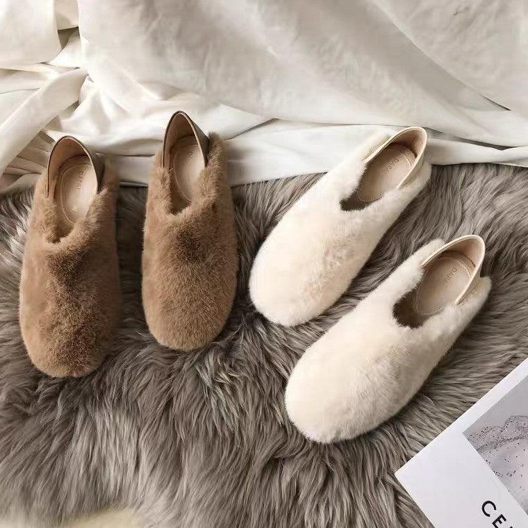 Warm Fur Loafers Women Winter Shoes Indoor Furry Flats Round Toe Fluffy House Warm Wool Slippers Memory Foam Anti-Skid Sole House Shoes Indoor Outdoor Slippers Stevvex