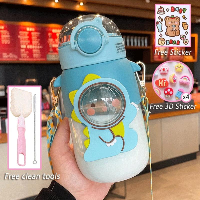 Water Bottle For Children 700ML Cute Stickers With Straw Temperature Kawaii Plastic Cup Portable Student School Bottle Girl Boy Water Bottles with Straw and Strap Cute Water Bottles Cartoon Animal Plastic Drinking Bottle Leakproof Water Bottle Stevvex