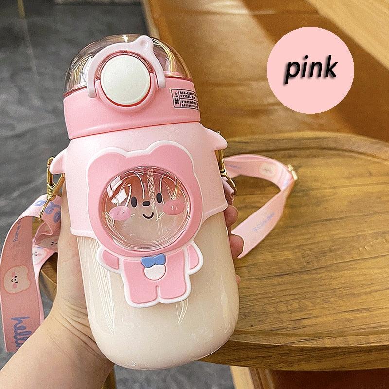 Water Bottle For Children 700ML Cute Stickers With Straw Temperature Kawaii Plastic Cup Portable Student School Bottle Girl Boy Water Bottles with Straw and Strap Cute Water Bottles Cartoon Animal Plastic Drinking Bottle Leakproof Water Bottle Stevvex