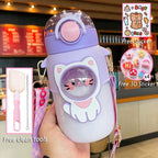 Water Bottle For Children 700ML Cute Stickers With Straw Temperature Kawaii Plastic Cup Portable Student School Bottle Girl Boy Water Bottles with Straw and Strap Cute Water Bottles Cartoon Animal Plastic Drinking Bottle Leakproof Water Bottle Stevvex