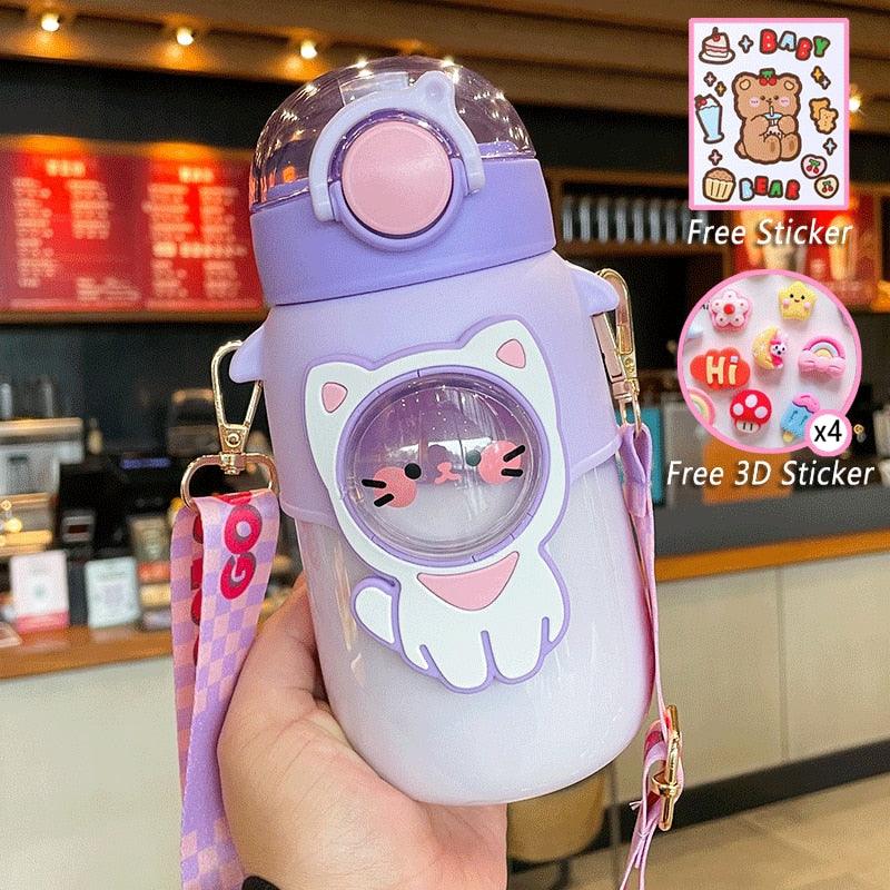 Water Bottle For Children 700ML Cute Stickers With Straw Temperature Kawaii Plastic Cup Portable Student School Bottle Girl Boy Water Bottles with Straw and Strap Cute Water Bottles Cartoon Animal Plastic Drinking Bottle Leakproof Water Bottle Stevvex