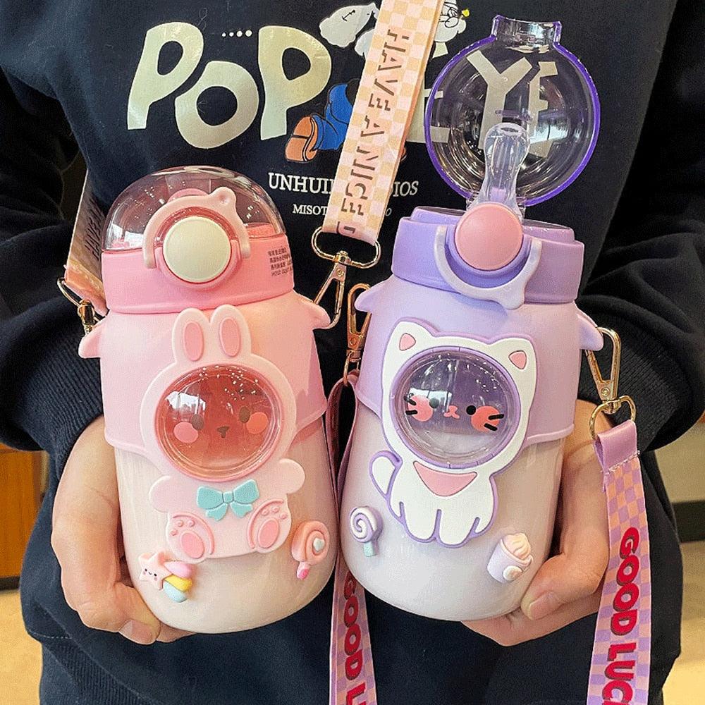 Water Bottle For Children 700ML Cute Stickers With Straw Temperature Kawaii Plastic Cup Portable Student School Bottle Girl Boy Water Bottles with Straw and Strap Cute Water Bottles Cartoon Animal Plastic Drinking Bottle Leakproof Water Bottle Stevvex