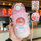Water Bottle For Children 700ML Cute Stickers With Straw Temperature Kawaii Plastic Cup Portable Student School Bottle Girl Boy Water Bottles with Straw and Strap Cute Water Bottles Cartoon Animal Plastic Drinking Bottle Leakproof Water Bottle Stevvex