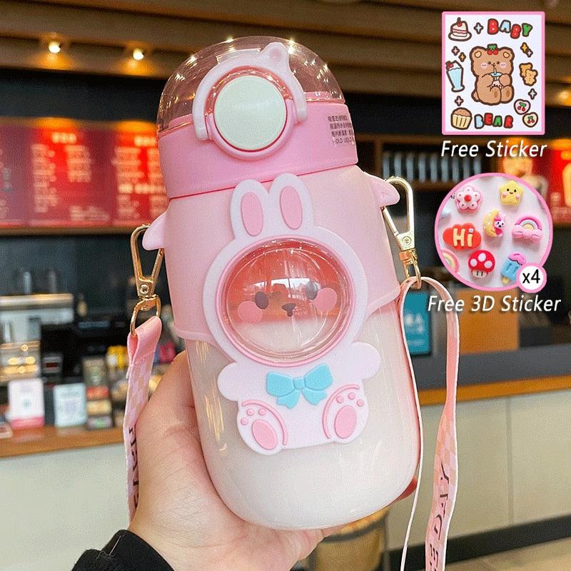 Water Bottle For Children 700ML Cute Stickers With Straw Temperature Kawaii Plastic Cup Portable Student School Bottle Girl Boy Water Bottles with Straw and Strap Cute Water Bottles Cartoon Animal Plastic Drinking Bottle Leakproof Water Bottle Stevvex