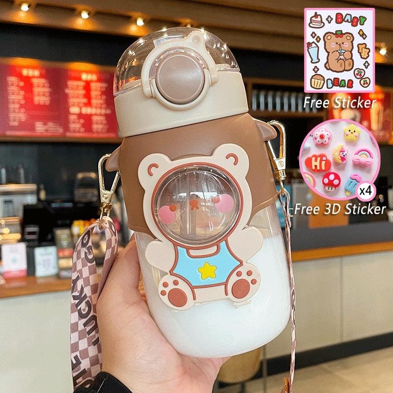 Water Bottle For Children 700ML Cute Stickers With Straw Temperature Kawaii Plastic Cup Portable Student School Bottle Girl Boy Water Bottles with Straw and Strap Cute Water Bottles Cartoon Animal Plastic Drinking Bottle Leakproof Water Bottle Stevvex