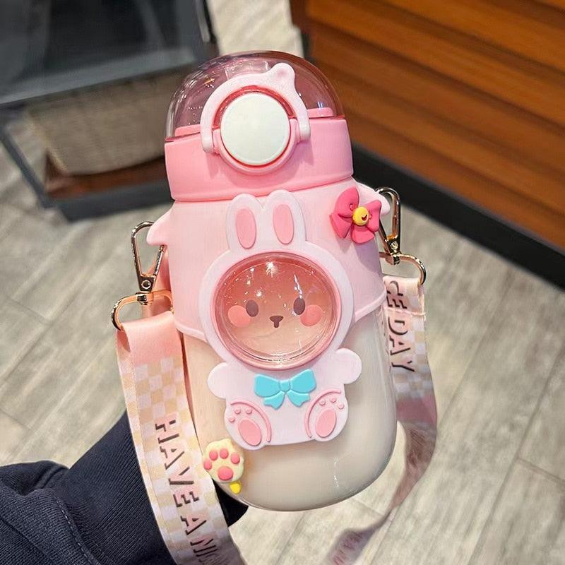 Water Bottle For Children 700ML Cute Stickers With Straw Temperature Kawaii Plastic Cup Portable Student School Bottle Girl Boy Water Bottles with Straw and Strap Cute Water Bottles Cartoon Animal Plastic Drinking Bottle Leakproof Water Bottle Stevvex