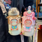 Water Bottle For Children 700ML Cute Stickers With Straw Temperature Kawaii Plastic Cup Portable Student School Bottle Girl Boy Water Bottles with Straw and Strap Cute Water Bottles Cartoon Animal Plastic Drinking Bottle Leakproof Water Bottle Stevvex