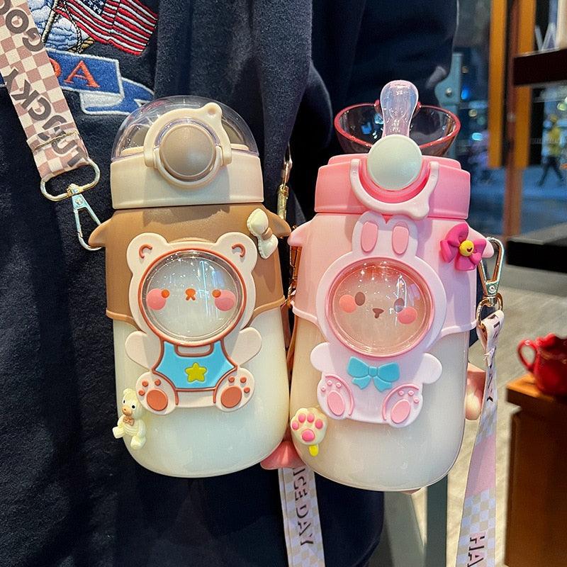 Water Bottle For Children 700ML Cute Stickers With Straw Temperature Kawaii Plastic Cup Portable Student School Bottle Girl Boy Water Bottles with Straw and Strap Cute Water Bottles Cartoon Animal Plastic Drinking Bottle Leakproof Water Bottle Stevvex