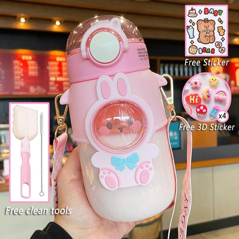 Water Bottle For Children 700ML Cute Stickers With Straw Temperature Kawaii Plastic Cup Portable Student School Bottle Girl Boy Water Bottles with Straw and Strap Cute Water Bottles Cartoon Animal Plastic Drinking Bottle Leakproof Water Bottle Stevvex