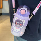 Water Bottle For Children 700ML Cute Stickers With Straw Temperature Kawaii Plastic Cup Portable Student School Bottle Girl Boy Water Bottles with Straw and Strap Cute Water Bottles Cartoon Animal Plastic Drinking Bottle Leakproof Water Bottle Stevvex