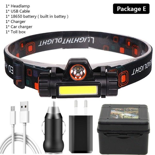 Waterproof 2 Light Mode USB LED Headlight With Magnet Rechargeable Headlamp Built-in 18650 Battery Flashlight  COB Work Light For Outdoor Camping Cycling Fishing Headlamp Flashlight Stevvex