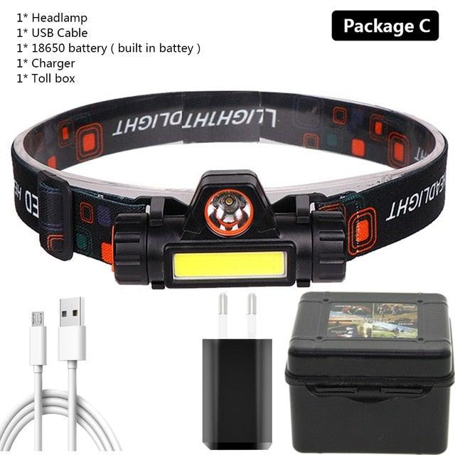 Waterproof 2 Light Mode USB LED Headlight With Magnet Rechargeable Headlamp Built-in 18650 Battery Flashlight  COB Work Light For Outdoor Camping Cycling Fishing Headlamp Flashlight Stevvex